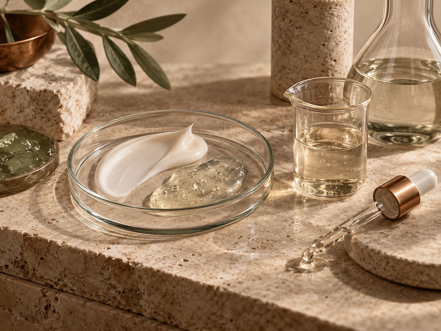 A cream and a clear gel in a glass dish on travertine, beside a dropper.
