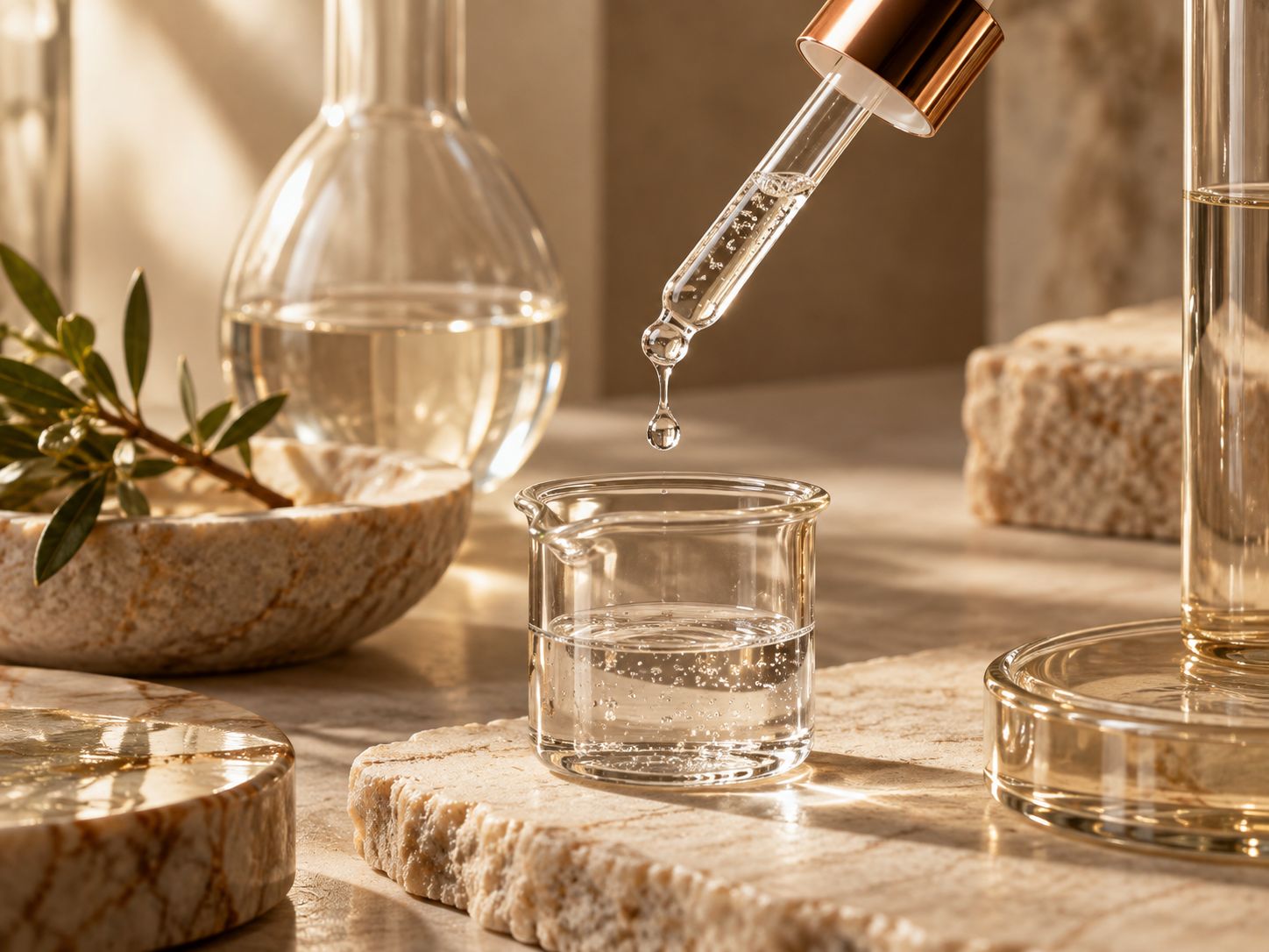 A copper-capped dropper releasing a single drop into a glass beaker.