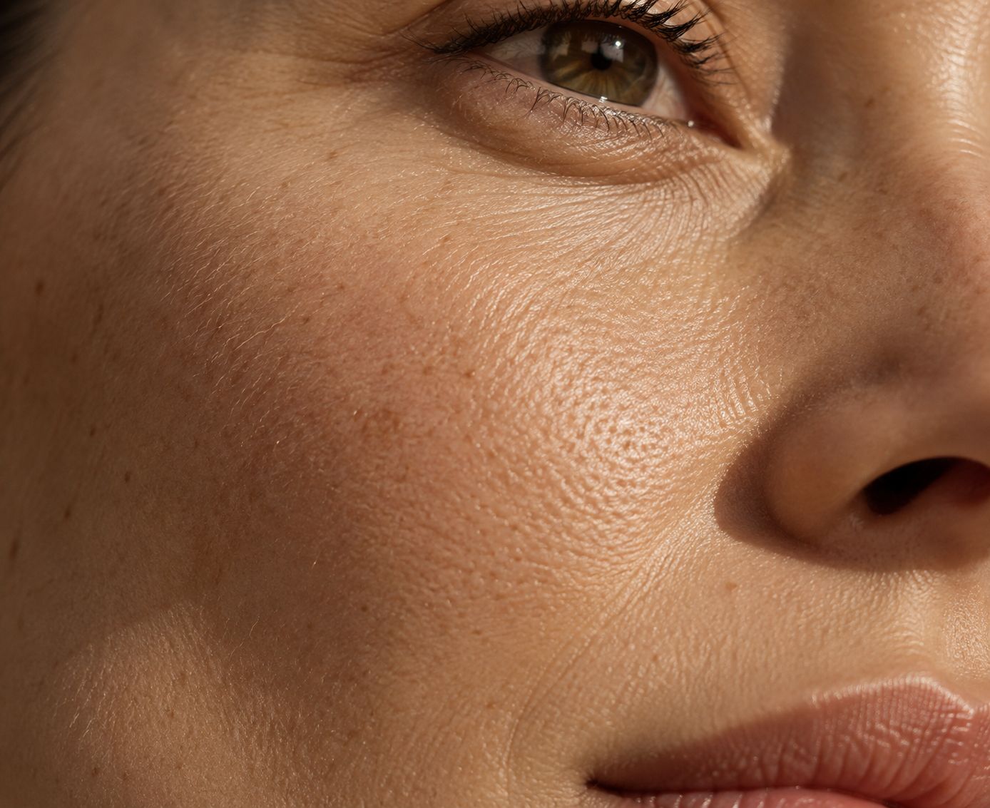 A close view of skin beside the eye, showing pores, fine lines and natural texture.